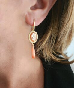 Alternative view of Drop Earrings with Genuine Shell Cameos and Rose Coral Drops