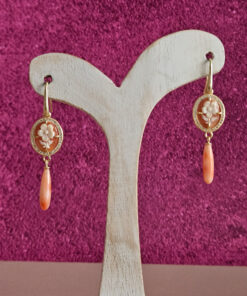 Drop Earrings with Genuine Shell Cameos and Rose Coral Drops