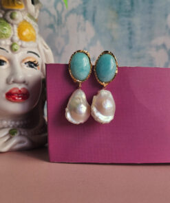 orecchini a goccia in argento 925 con perle barocche e acquamarina