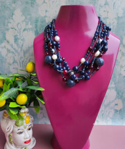 Collana Multifilo con Agata Blu, Borgogna e Perle di Fiume