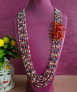 Collana cinque fili con ametista e corallo rosso