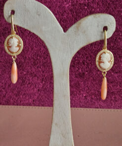 Drop Earrings with Genuine Shell Cameos and Rose Coral Drops