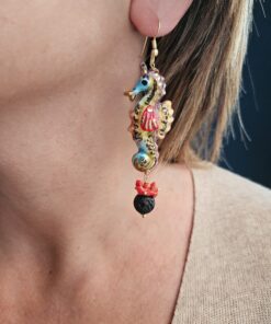 Alternative view of Sicily Ceramic Seahorse Earrings with Lava Stones