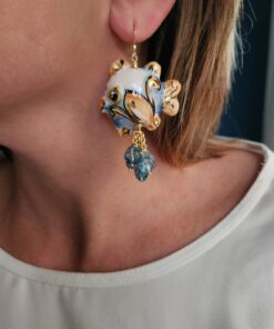 Alternative view of Sicily Ceramic Fish Earrings with Blue Quartz Cluster