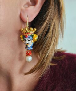 Alternative view of Sicilian Earrings with Ceramic Moor Heads and Baroque Pearls