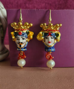Sicilian Earrings with Ceramic Moor Heads and Baroque Pearls