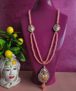 Collana doppia in giada rosa con cuori sacri in ceramica di caltagirone