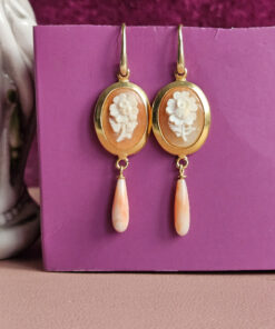Alternative view of Drop Earrings with Genuine Shell Cameos and Rose Coral Drops