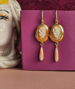 Drop Earrings with Genuine Shell Cameos and Rose Coral Drops