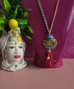 Alternative view of Double chain Necklace with Ceramic Shell and Red Coral