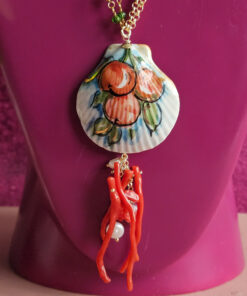Alternative view of Double chain Necklace with Ceramic Shell and Red Coral
