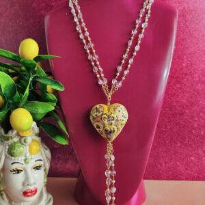 Collana a catena doppia con quarzo rosa e cuore in ceramica di caltagirone
