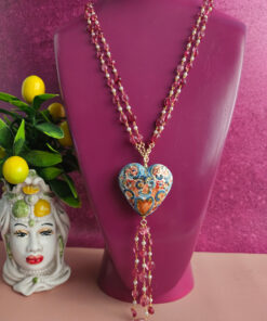 Collana a catena doppia con tornalina e cuore in ceramica di caltagirone
