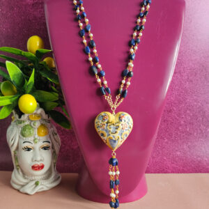 Collana catena doppia con lapis blue e cuore in ceramica di caltagirone