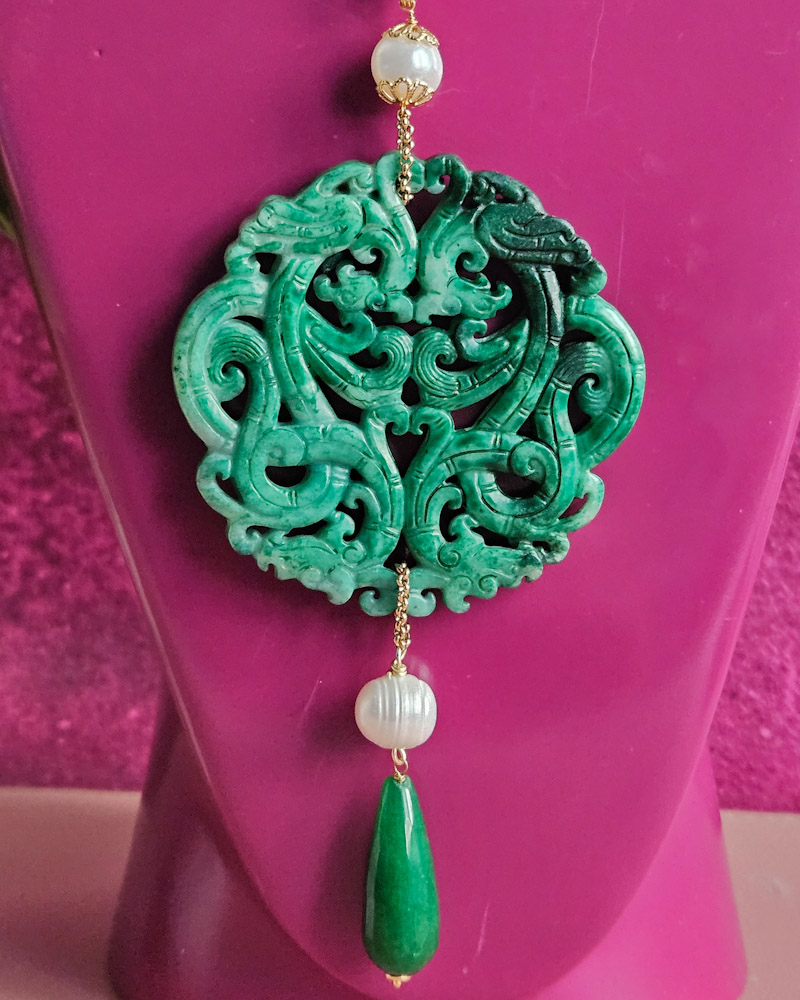 Rope Necklace with Carved Jade Pendant and Genuine Gemstones - Image 2