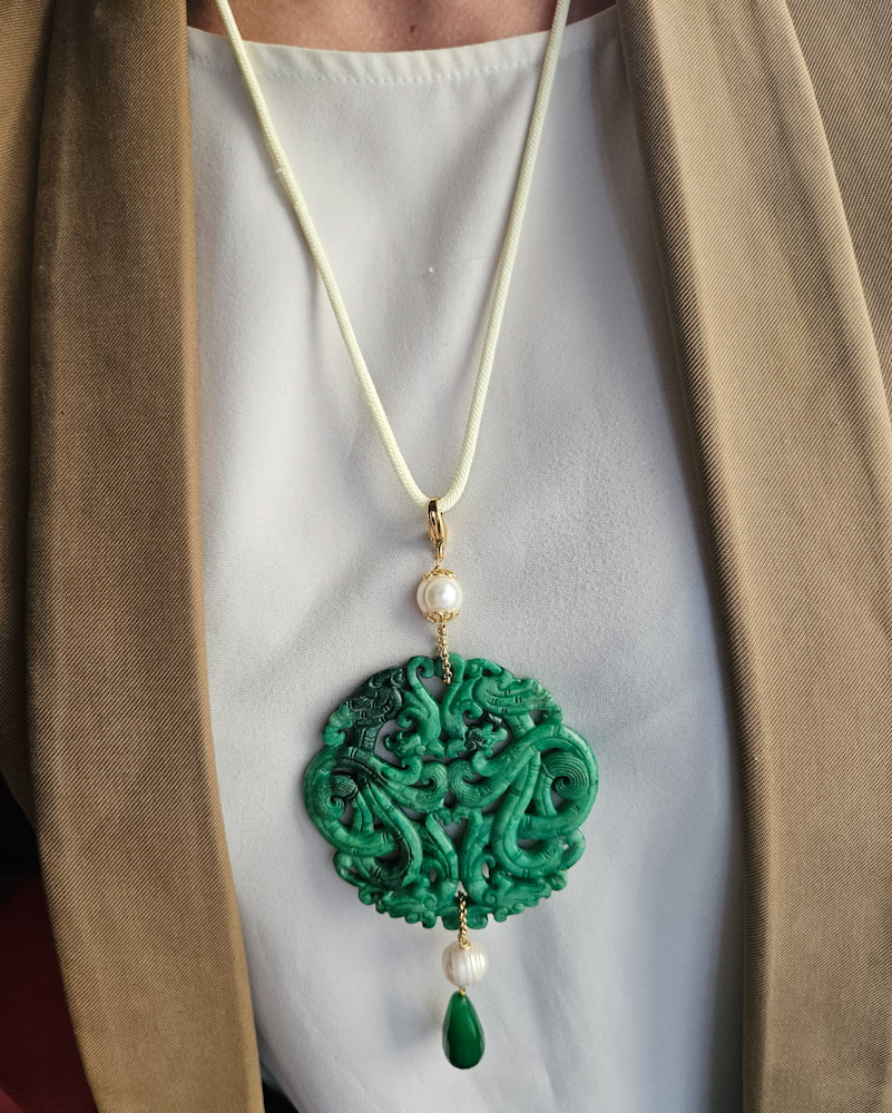 Rope Necklace with Carved Jade Pendant and Genuine Gemstones - Image 3