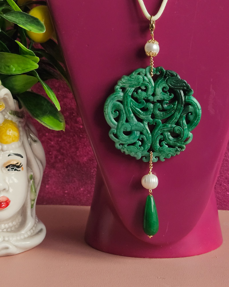 Rope Necklace with Carved Jade Pendant and Genuine Gemstones - Image 4