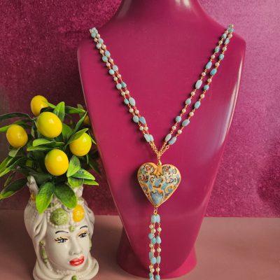 collana doppia a catena con amazzonite e cuore maiolicato in ceramica di caltaigrone