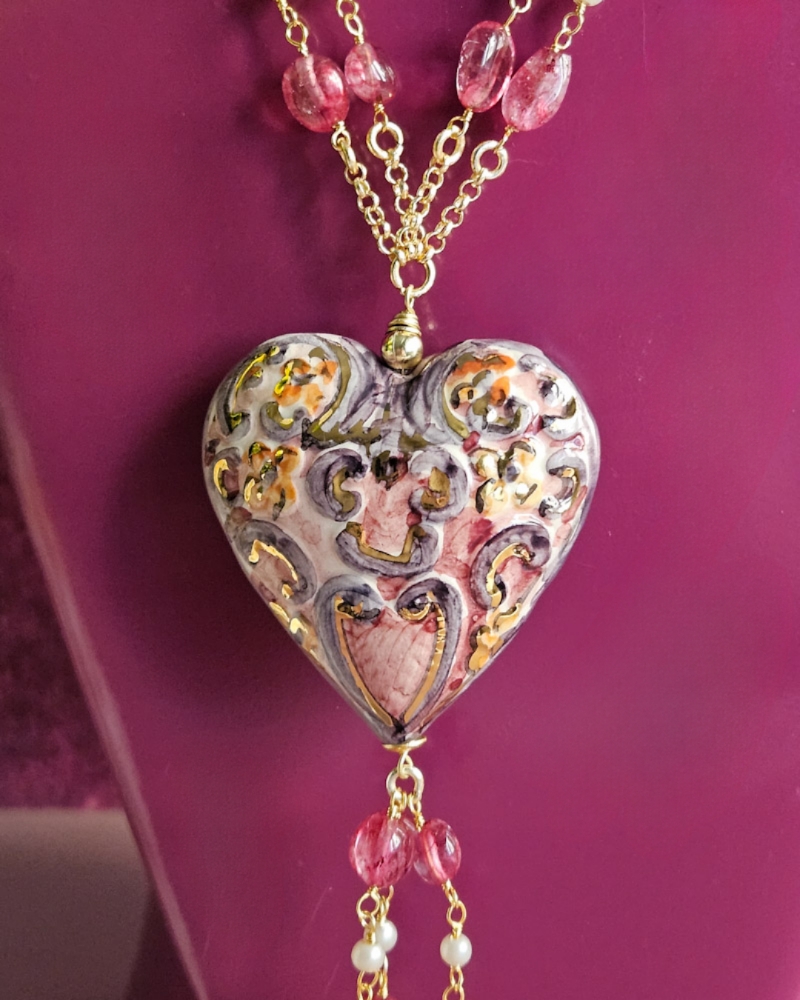 collana doppia a catena con tormalina perle e cuore in ceramica di caltagirone 1 6