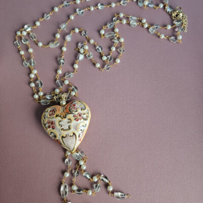collana doppia con cristallo di rocca perle e cuore in ceramica di caltagirone