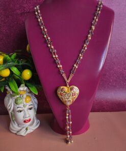 collana doppia con ametista e cuore in ceramica di caltagirone