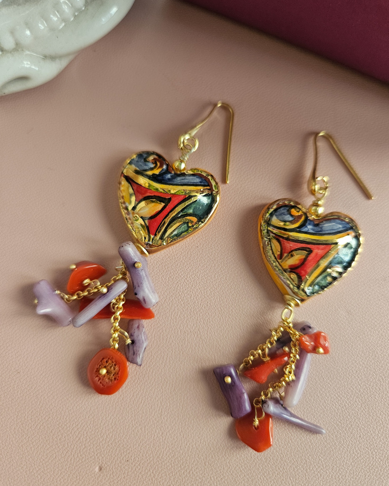 Heart Earrings with Purple Coral Chips and Pearls - Image 3