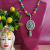 Collana a catena con occhio di gatto colorato e cammeo in ceramica di caltagirone
