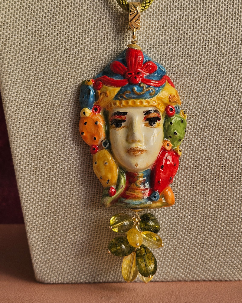 Collana a Corda con Testa di Moro in Ceramica di Caltagirone, Citrino e Peridoto - immagine 5