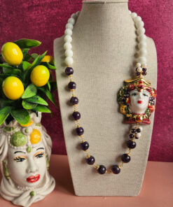 Collana siciliana con agata bianca ametista e testa di moro in ceramica di caltagirone