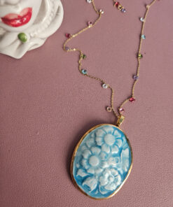 catenina in argento 925 placcato oro con cammeo in ceramica di caltagirone dipinta a mano