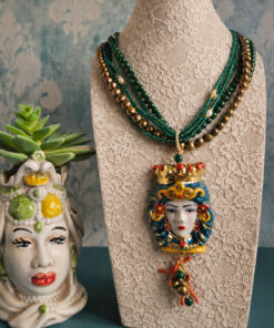 Alternative view of Five Strand Necklace with Green Stones and Sicily Ceramic Head
