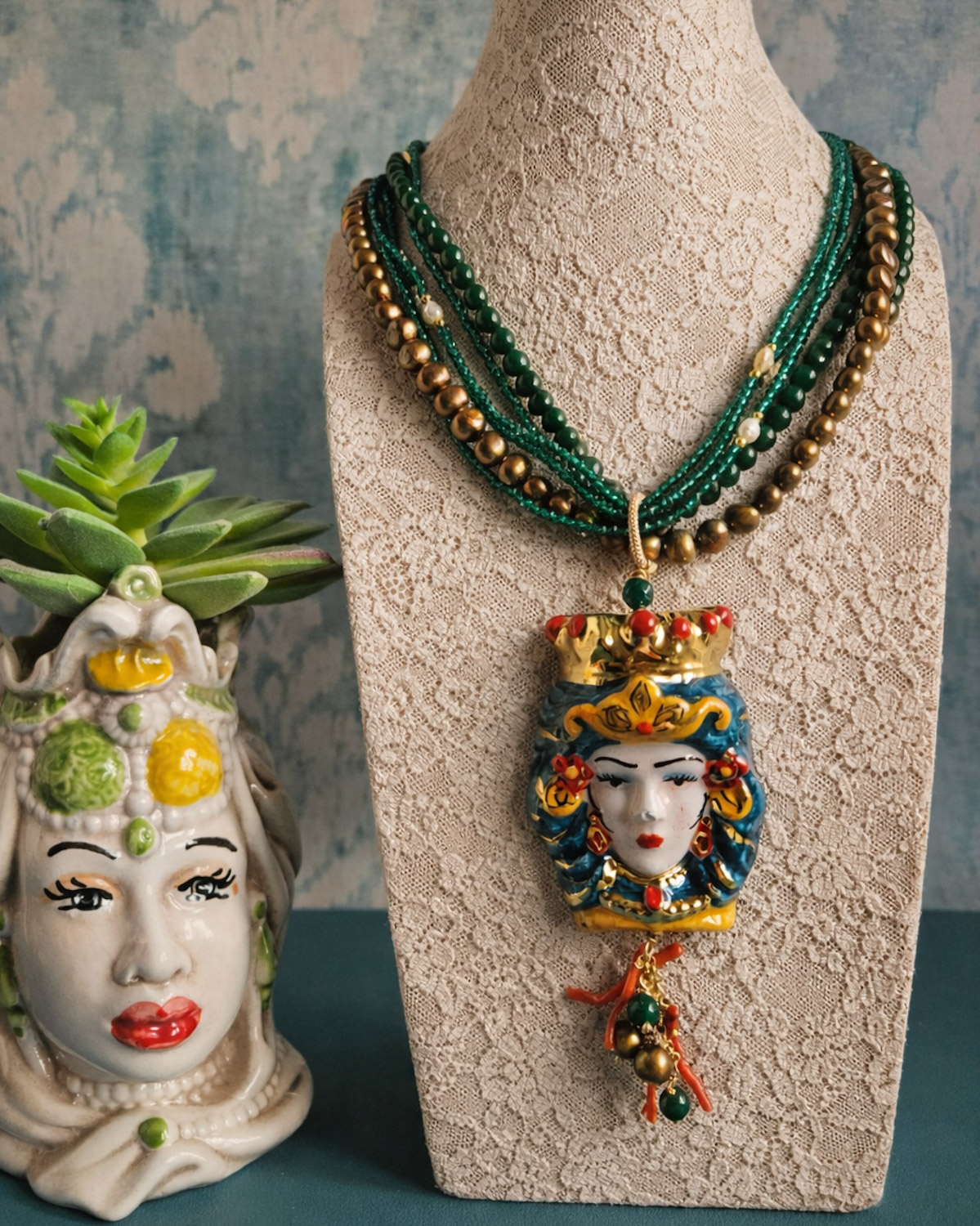 Avalaya Collana Vintage In Corda Di Seta Marrone Con Perline In Ceramica - Lunghezza Regolabile 50-66 Cm - Stile Boho - 2