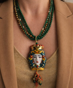 collana 5 fili con pietre verdi perle e testa di moro in ceramica di caltagirone
