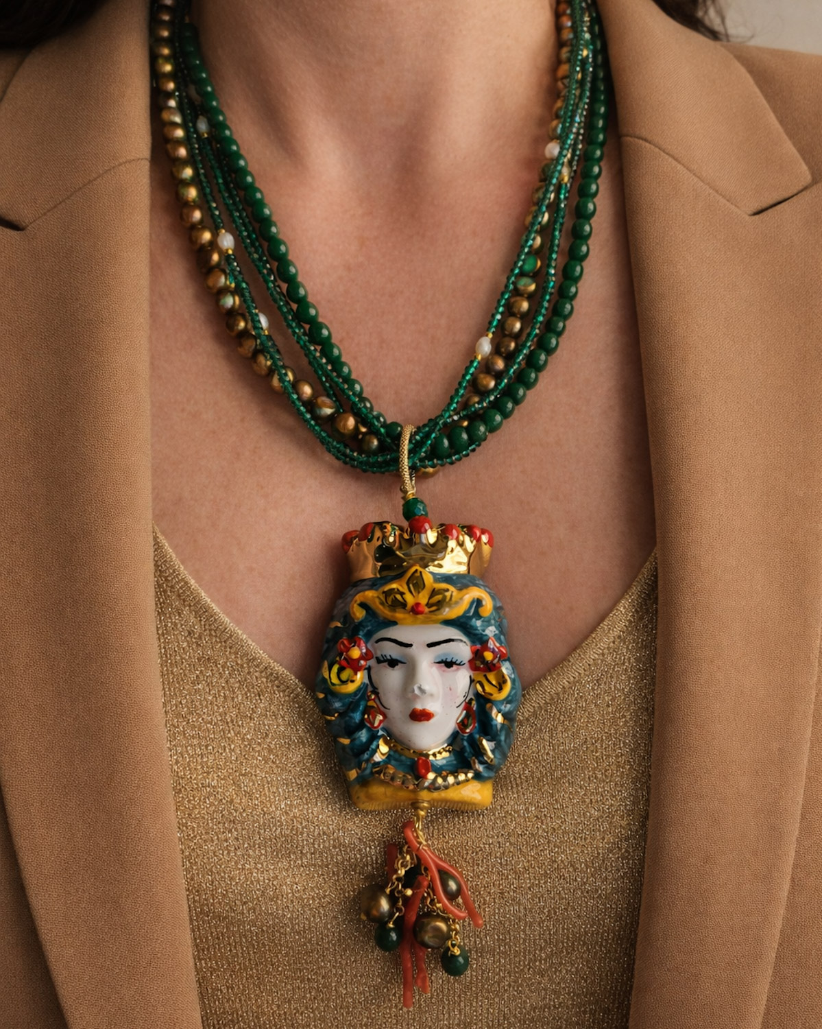 Avalaya Collana lunga in corda di seta nera con perline e fiori in ceramica multicolore, lunghezza 95 cm, Misura unica, Corde Ceramica