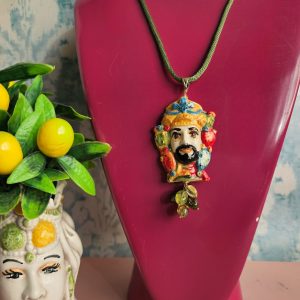 collana a corda con ciondolo testa di moro quarzo citrino e peridoto