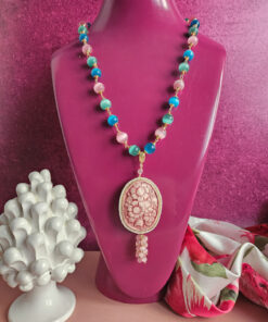 collana catena rosario con occhio di gatto e cammeo in ceramica di caltagirone 9