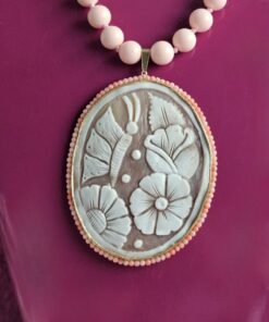 Alternative view of Statement Necklace with Rose Coral Paste Stones and Sardonic Shell Cameo