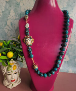collana in aulite turchese con testa di moro in ceramica di caltagirone