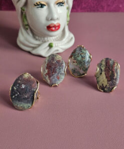 Anello Ovale in Argento 925 Placcato Oro con Agata Muschiata