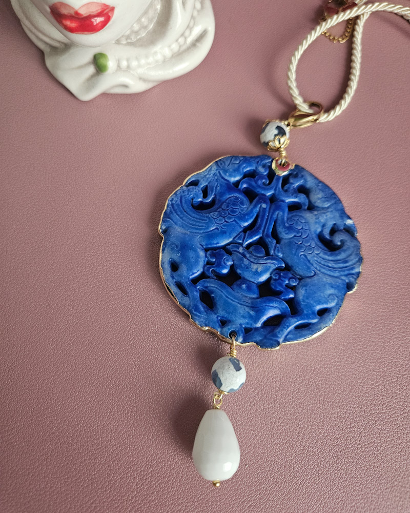 Rope Necklace with Carved Jade Pendant and Genuine Gemstones - Image 2