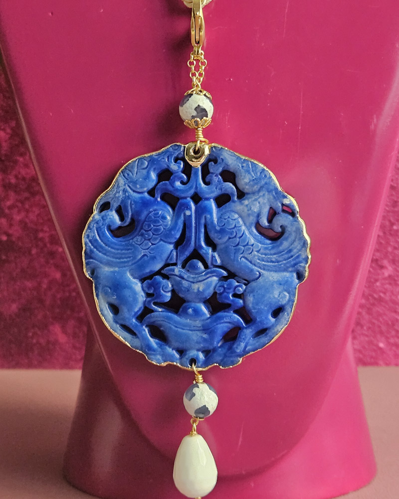 Rope Necklace with Carved Jade Pendant and Genuine Gemstones - Image 3