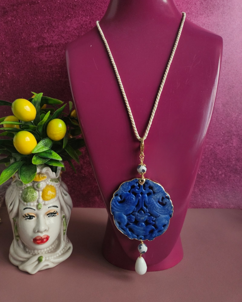Rope Necklace with Carved Jade Pendant and Genuine Gemstones