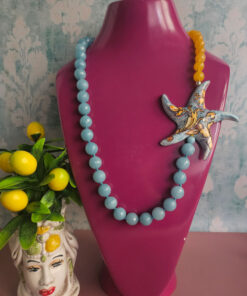 collana lunga in angelite agata gialla e stella marena in ceramica di caltagirone