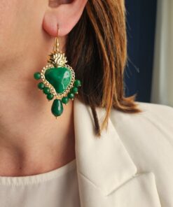 Alternative view of Orecchini Pendenti con Cuori Sacri in Ottone e Agata Verde
