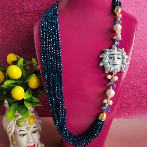 collana 8 fili con cristalli blu e sole in ceramica di caltagirone