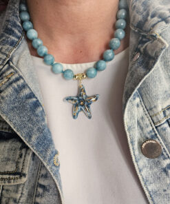 collana girocollo con angelite e stella marina in ceramica di caltagirone