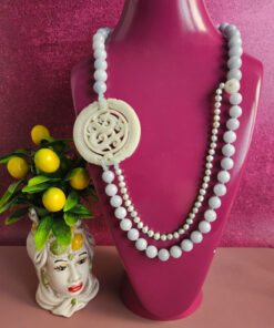 collana lunga con giada acquamarina perle azzurre e giada bianca