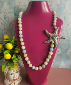 collana lunga siciliana in morganite naturale e stella marina in ceramica di caltagirone