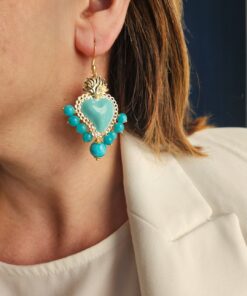 Alternative view of Orecchini Pendenti con Cuori Sacri in Ottone e Giada Azzurra