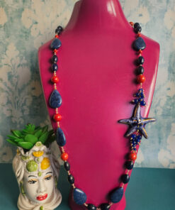 Alternative view of Long Necklace with Blue Lapis Stones and Sicily Ceramic Starfish